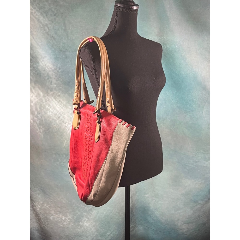Oryany Lysse Red Beige Leather Tote Bag Braided Handles Woven Large Shoulder Bag - Picture 10 of 10